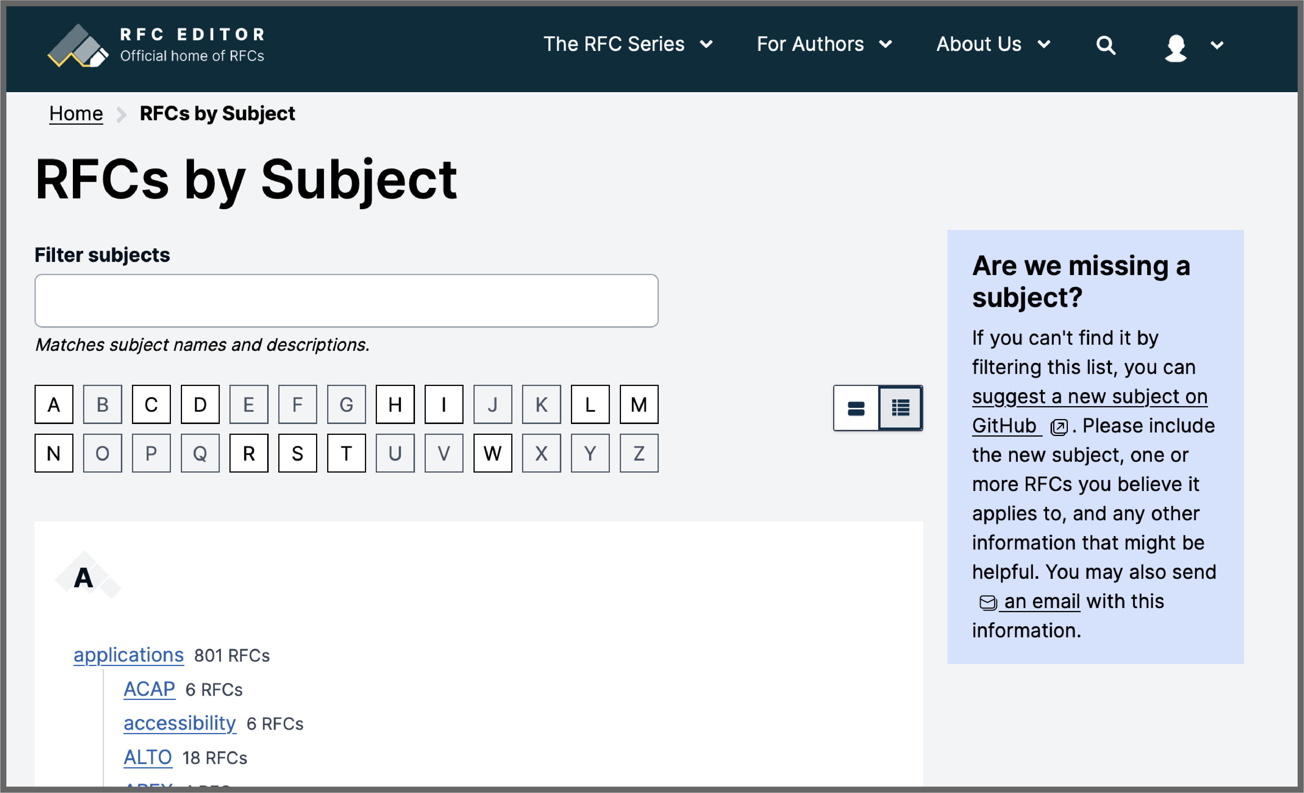 RFC-Editor.org subject tag UI